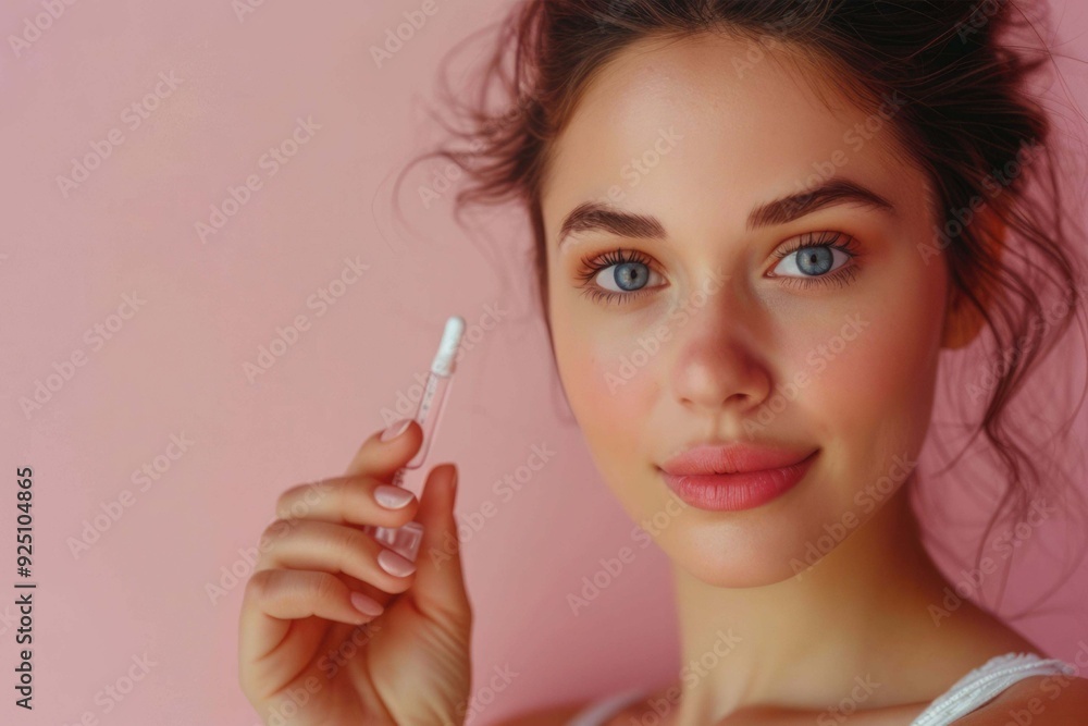 Skin Care Routine. Beautiful woman looking at camera holding a pipette in her hand with serum moisturizing anti aging antioxidant.
