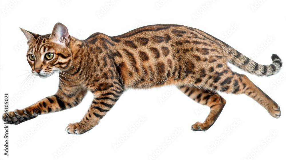 An isolated white background shows a Bengal cat lying down An isolated white background shows a Bengal cat lying down