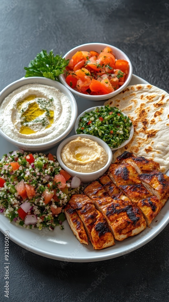 A delicious platter of grilled chicken, hummus, tabbouleh, fresh vegetables, and pita bread, perfect for sharing. A delicious platter of grilled chicken, hummus, tabbouleh, fresh vegetables, and pita bread, perfect for sharing.