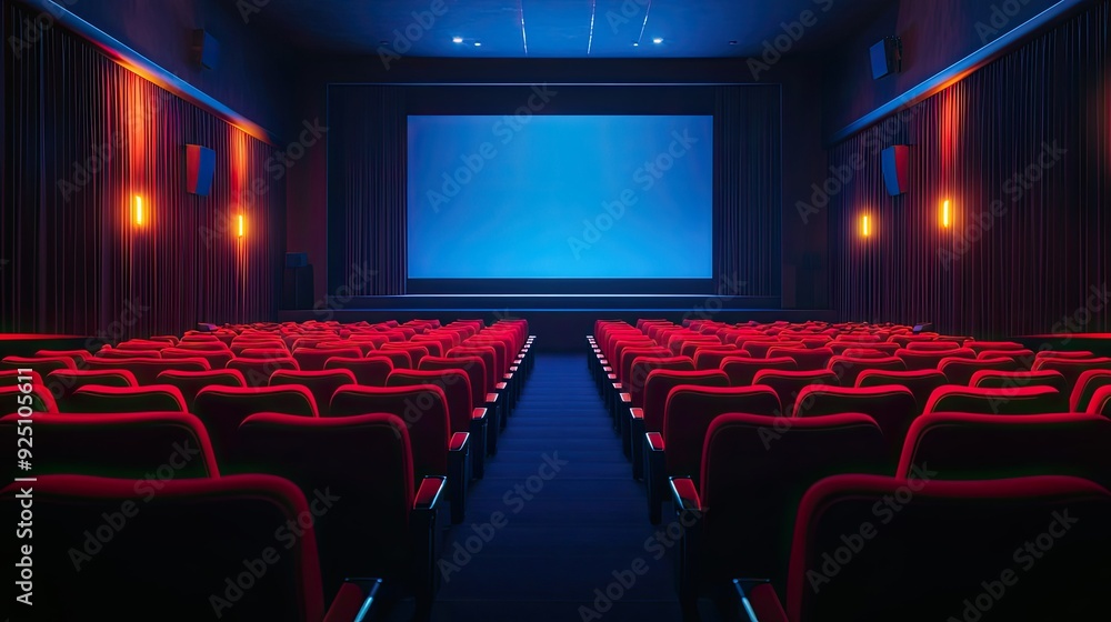 Fototapeta premium Empty cinema interior with rows of red seats and an illuminated movie screen