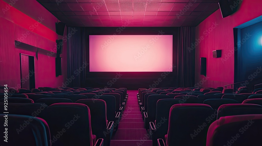 Fototapeta premium Empty cinema with plush seats and a large, unlit screen, clean and organized space