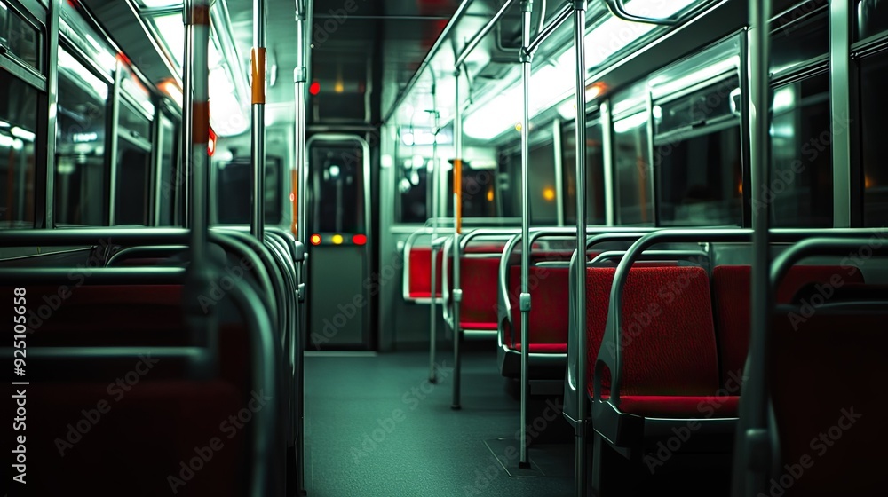 Obraz premium Empty city bus interior with rows of seats and handrails, no passengers, well-lit -