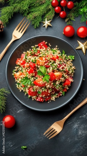 Colorful salad with tomatoes and herbs on a black plate, garnished with fresh ingredients. Perfect for healthy eating and festive occasions. photo