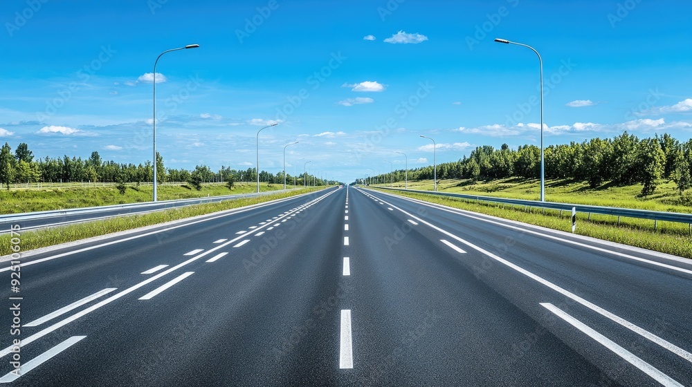 Fototapeta premium Empty highway with multiple lanes and clear skies, no vehicles, smooth asphalt