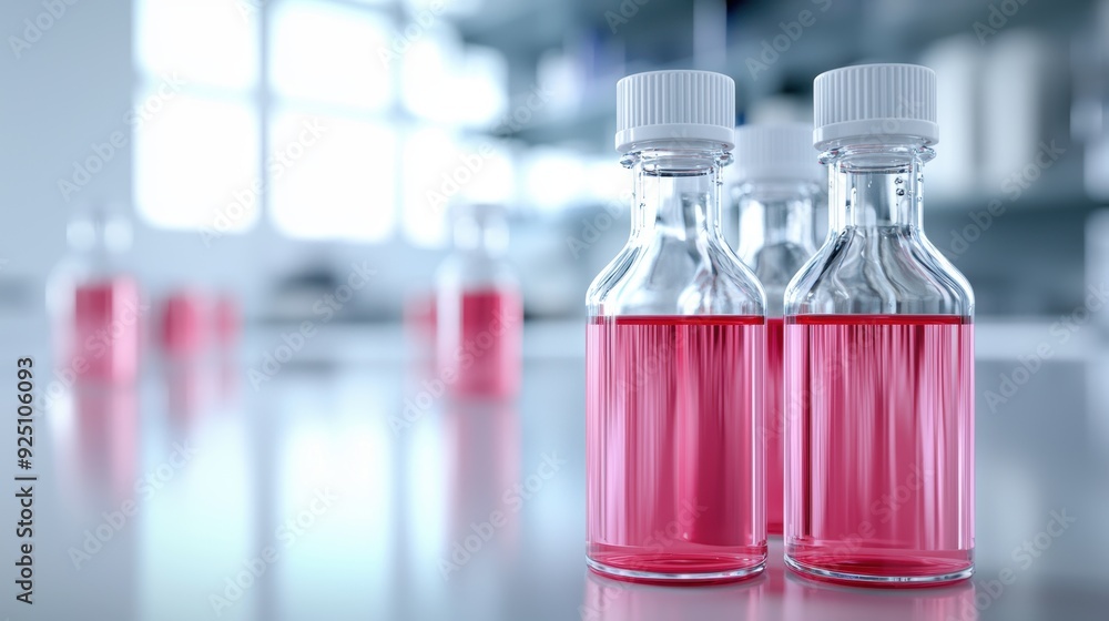 Two bottles of pink liquid are on a table Two bottles of pink liquid are on a table