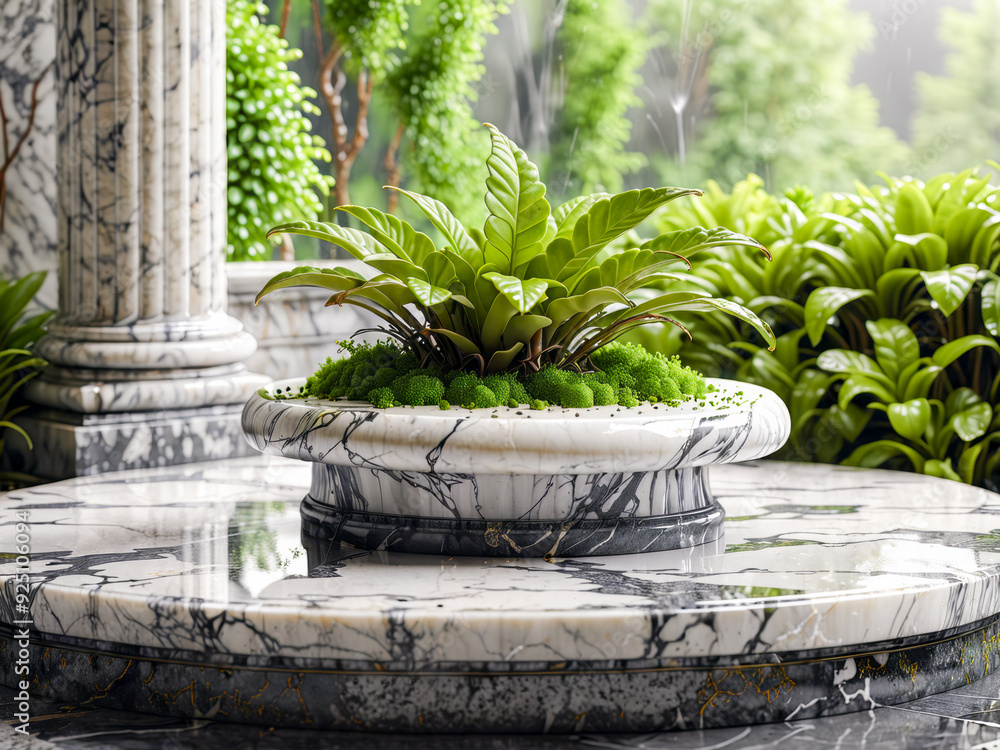Marble planter with green plants in a garden setting.