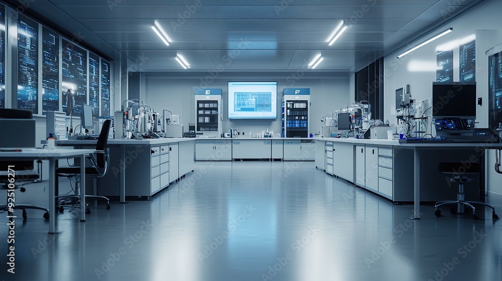 Empty IT lab with advanced technology equipment and clean workspace, no people Empty IT lab with advanced technology equipment and clean workspace, no people