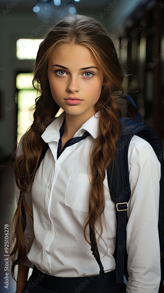 beautiful generic brown hair and blue eyes teen girl character portrait with school uniform beautiful generic brown hair and blue eyes teen girl character portrait with school uniform