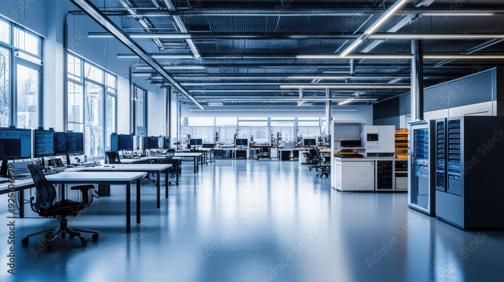 Empty IT lab with advanced technology equipment and clean workspace, no people Empty IT lab with advanced technology equipment and clean workspace, no people