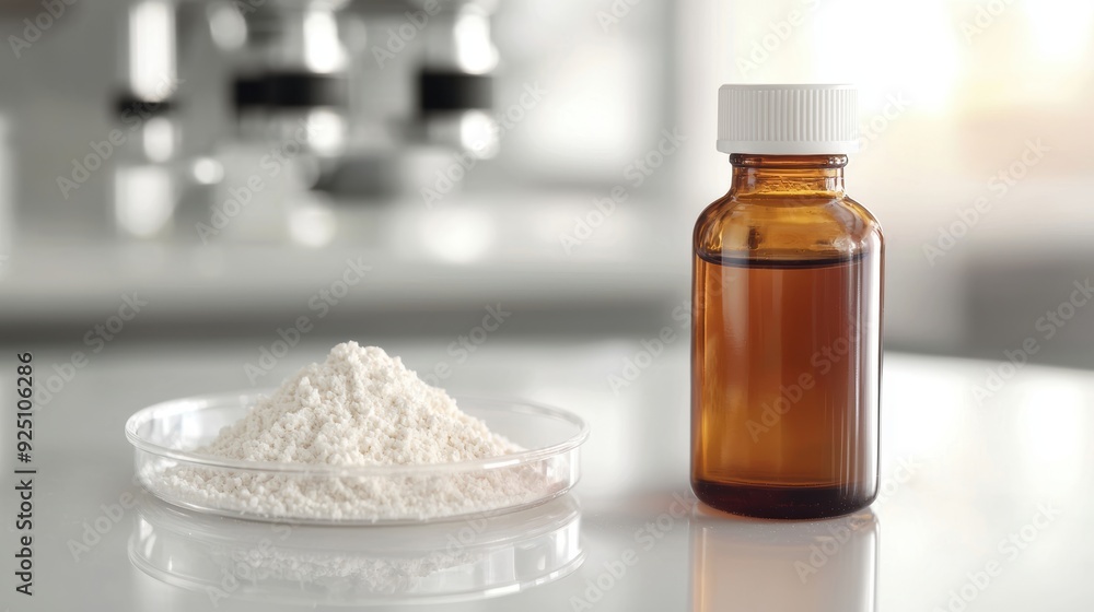 A bottle of brown liquid sits on a table next to a white plate of powder A bottle of brown liquid sits on a table next to a white plate of powder