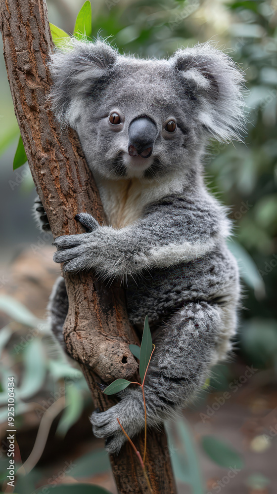 Obraz premium A close-up of a cute koala clinging to a tree trunk, surrounded by lush green foliage, highlighting its natural habitat and adorable expression