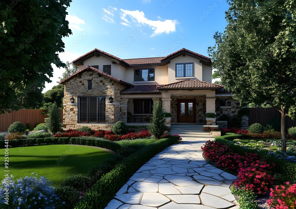Modern Stone House with Lush Landscaping Modern Stone House with Lush Landscaping