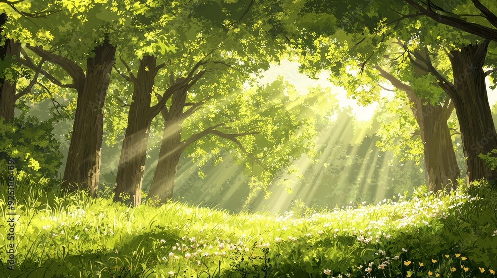 Fototapeta premium Nature Background: Tranquil design featuring a sunlit forest glade with dappled light filtering through the canopy of tall oak trees