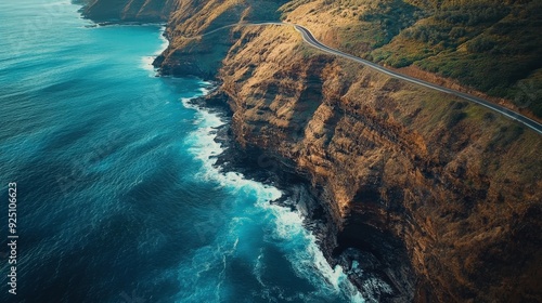 A winding road hugs a rugged cliffside, offering breathtaking views of the crashing waves and serene ocean below at sunset
