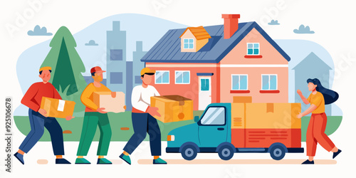 Moving company. Relocation service. Movers carry boxes into the house. Moving. Vector illustration
