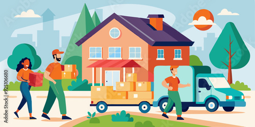 Moving company. Relocation service. Movers carry boxes into the house. Moving. Vector illustration
