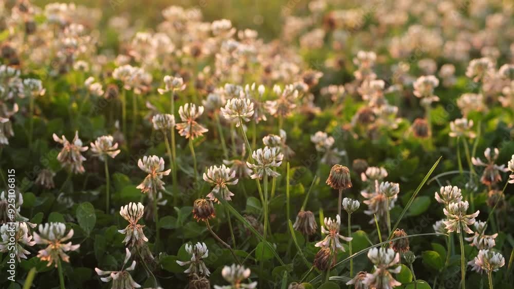White clover flowers at sunset. Trifolium repens the white clover is a herbaceous perennial plant. Field of blooming white clover White clover flowers at sunset. Trifolium repens the white clover is a herbaceous perennial plant. Field of blooming white clover