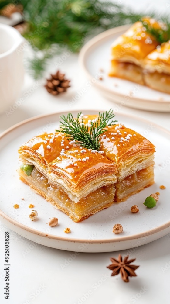 Delicious layered pastry dessert topped with glaze and garnished with herbs on a white plate, perfect for festive occasions. Delicious layered pastry dessert topped with glaze and garnished with herbs on a white plate, perfect for festive occasions.