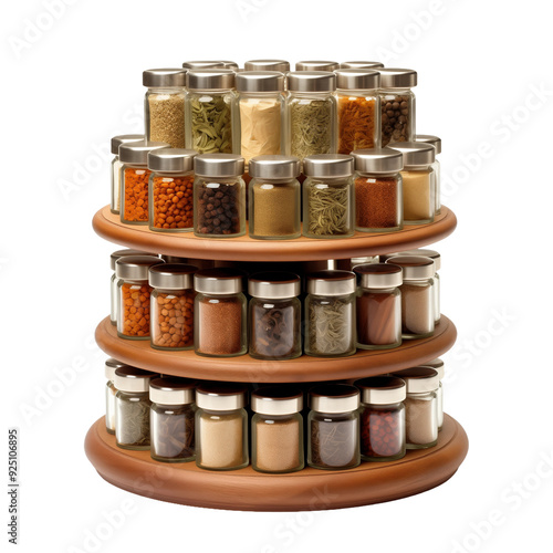 Rotating spice rack with glass jars full of colorful spices. Perfect for organizing any kitchen. photo