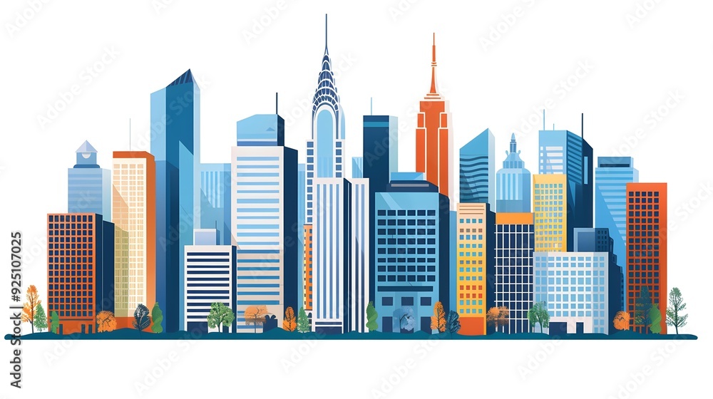 Flat Design Illustration of City Skyline with Buildings Flat Design Illustration of City Skyline with Buildings