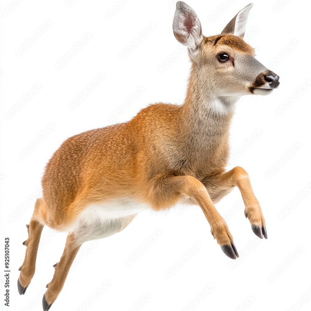 Fototapeta premium This picture shows an Asian Water Deer (Hydropotes inermis) running and hunting in a forest, isolated on a transparent background.