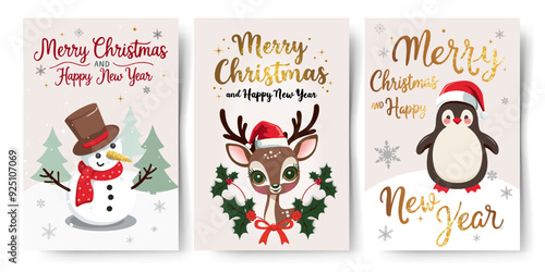 Christmas cards with reindeer, penguin, snowman. Golden lettering. Childish holiday greeting card collection. New year invitation, banner