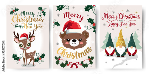 Set of christmas cards with reindeer, gnomes, bear. Childish holiday greeting card collection. Golden lettering. New year invitation, banner
