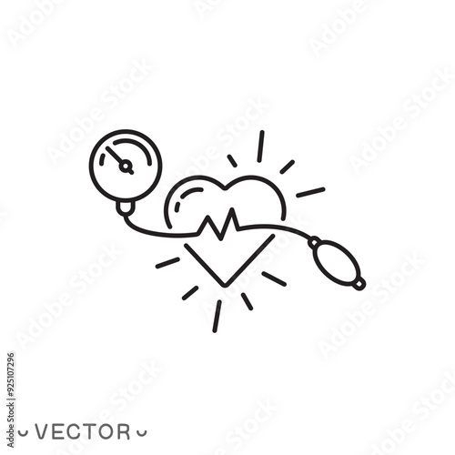 high or low blood pressure icon, measurement, arterial pressure, cardio vascular dystonia, medical device, thin line symbol isolated on white background, editable stroke eps 10 vector illustration