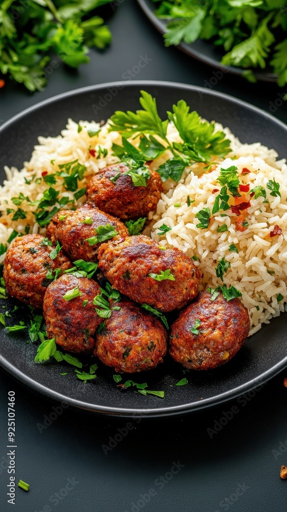 Delicious plate of meatballs served with fluffy rice, garnished with fresh herbs, perfect for a savory meal. Delicious plate of meatballs served with fluffy rice, garnished with fresh herbs, perfect for a savory meal.