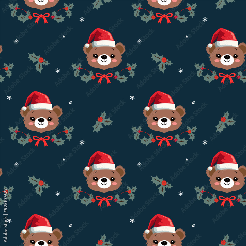 Winter seamless pattern with cute bear in santa hat. Christmas backgrounds. New year decoration. Cartoon xmas pattern. Winter seamless pattern with cute bear in santa hat. Christmas backgrounds. New year decoration. Cartoon xmas pattern.