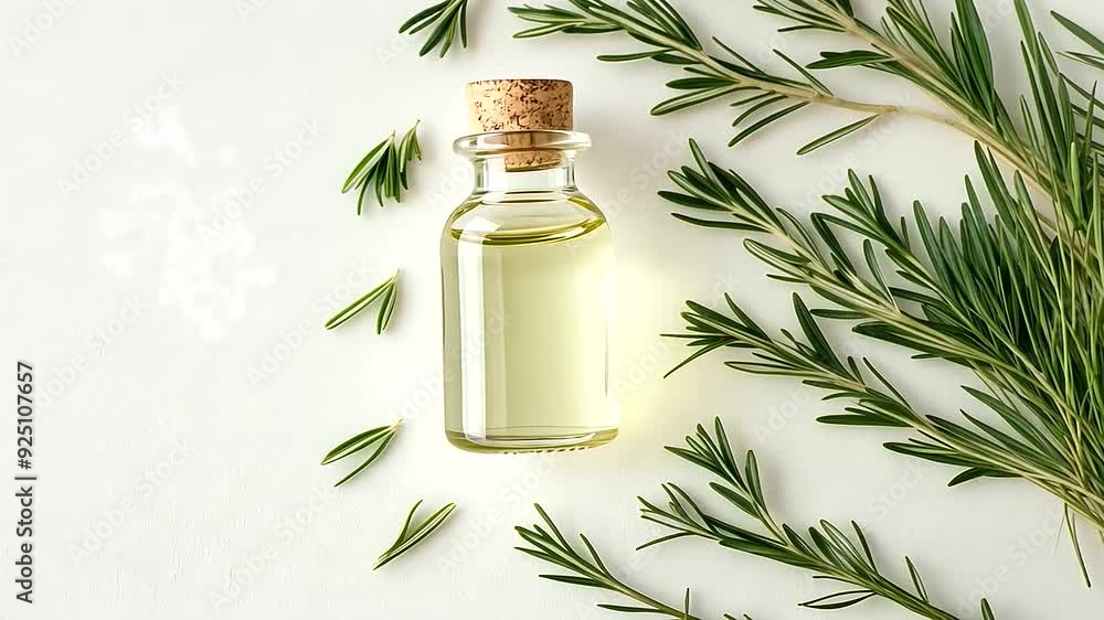 Overhead shot of rosemary essential oil in a glass bottle alongside green rosemary sprigs. Perfect for illustrating aromatherapy, natural health remedies, and relaxation concepts Overhead shot of rosemary essential oil in a glass bottle alongside green rosemary sprigs. Perfect for illustrating aromatherapy, natural health remedies, and relaxation concepts