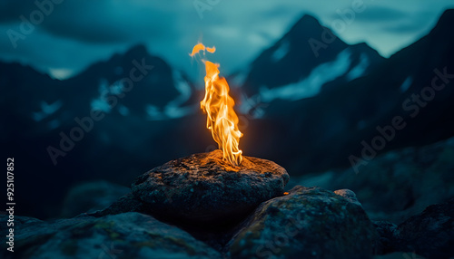 Eternal Flame at the Mountaina??s Heart, ultra-realistic, high resolution, photo