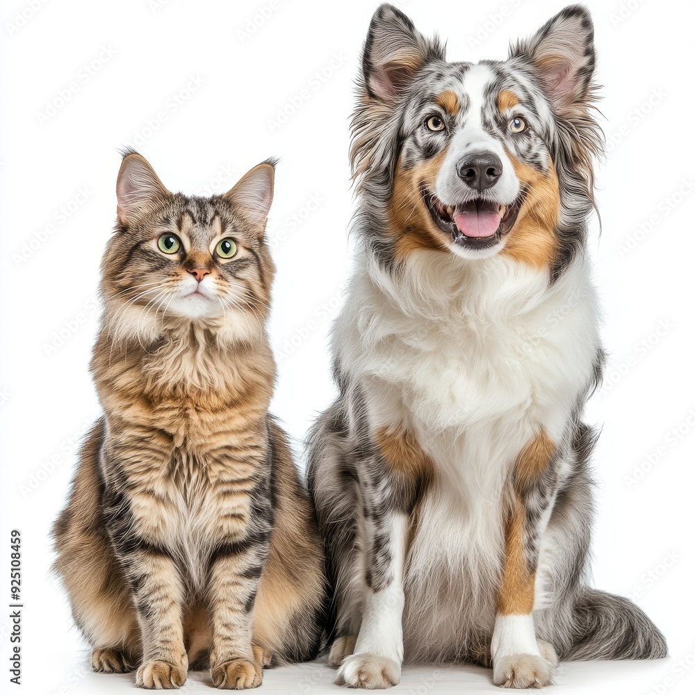 White, transparent background with an Australian shepherd puppy and a domestic cat White, transparent background with an Australian shepherd puppy and a domestic cat