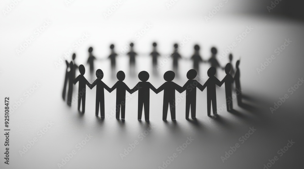 A circle of paper cutout figures holding hands. Unity, teamwork, and collaboration concept. A circle of paper cutout figures holding hands. Unity, teamwork, and collaboration concept.