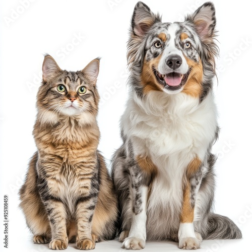 White, transparent background with an Australian shepherd puppy and a domestic cat