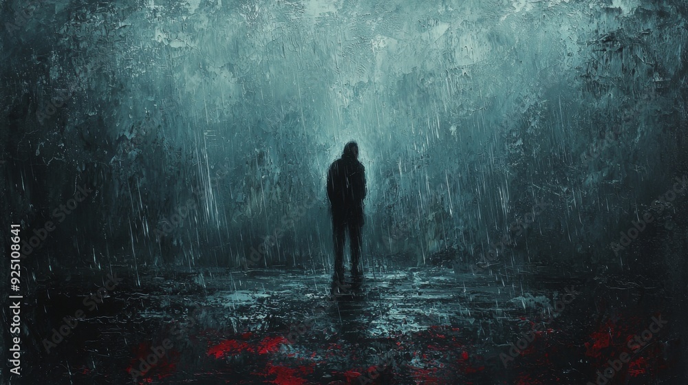 Obraz premium Melancholic Oil Painting of Solitary Person in the Rain