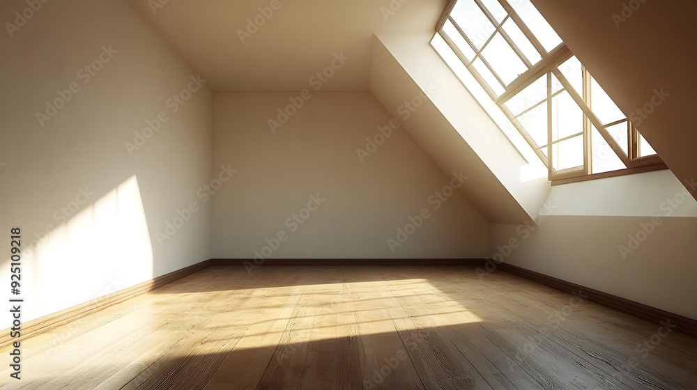 Obraz premium Empty Attic Room with Skylight and Wooden Floor