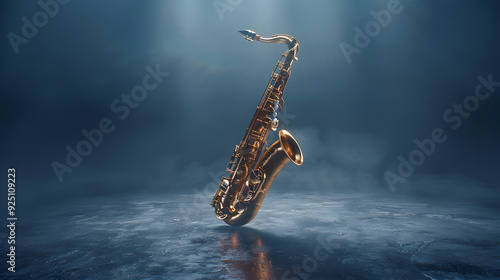 Golden saxophone highlighted on stage with dramatic lighting photo