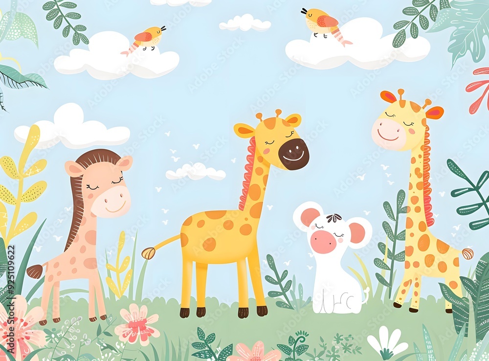 Naklejka premium Cute Giraffe And Mouse Cartoon Illustration