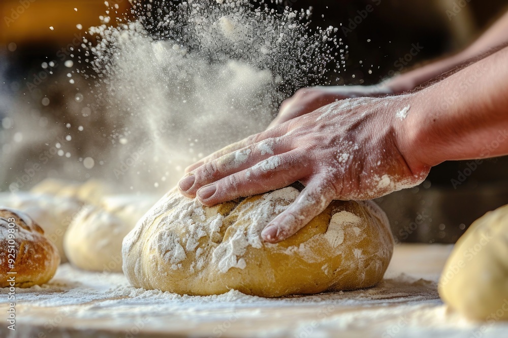 Baker's hands preparing bread with flour dust Baker's hands preparing bread with flour dust