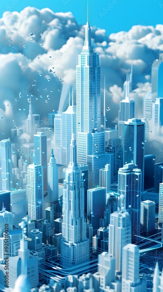 Abstract 3D Cityscape with Clouds and Blue Sky Abstract 3D Cityscape with Clouds and Blue Sky