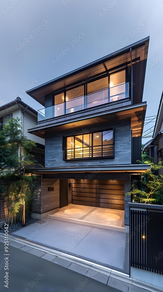 Fototapeta premium Modern Japanese Style House with Wooden Garage Door