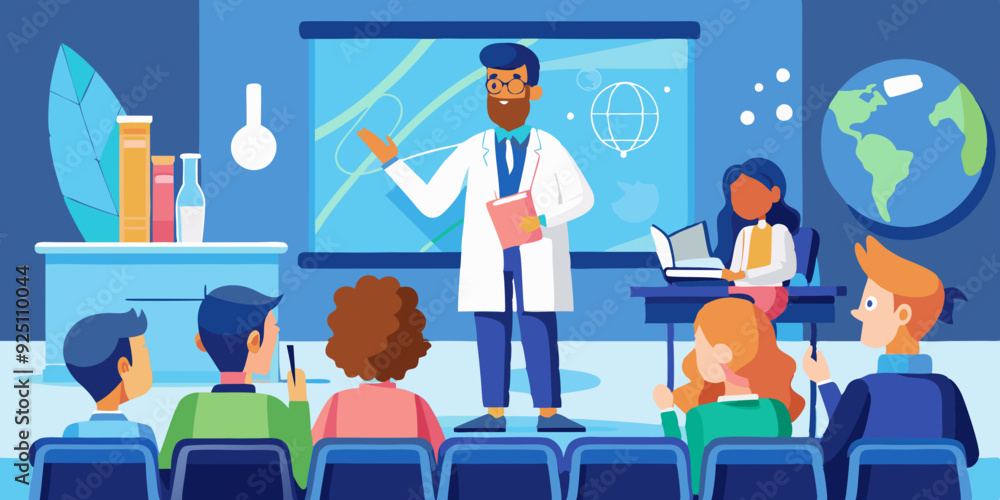 Teacher gives a lecture to students in a university auditorium. Science education and learning concept
Teacher gives a lecture to students in a university auditorium. Science education and learning concept