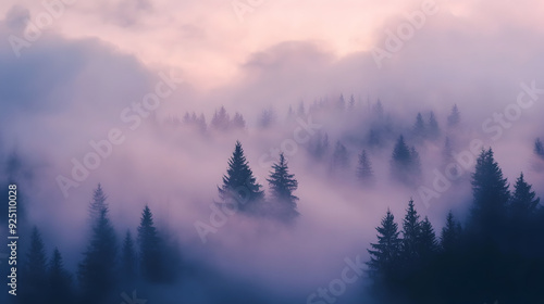 dense fog rolling through a mysterious forest at dawn