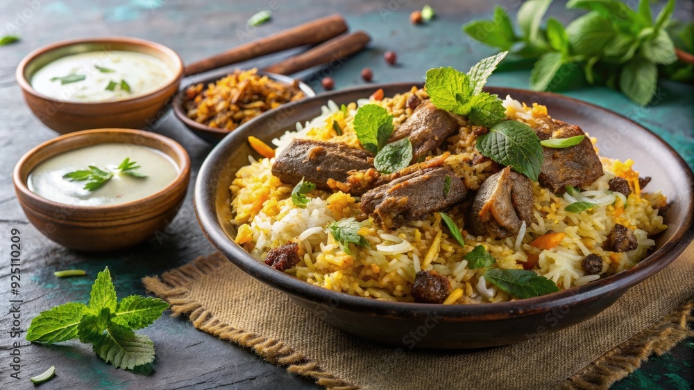 Delicious Plate Of Aromatic Mutton Biryani Served With Yogurt Raita And delicious-plate-of-aromatic-mutton-biryani-served-with-yogurt-raita-and