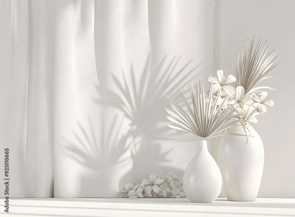 White Flowers in Vases with Palm Leaves Shadow on White Wall White Flowers in Vases with Palm Leaves Shadow on White Wall