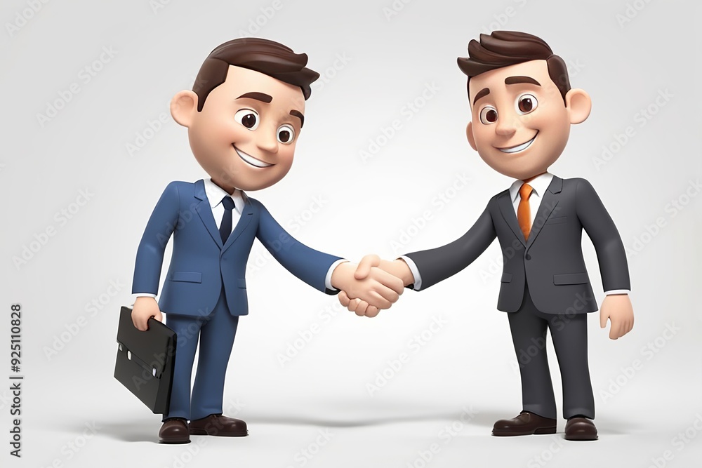 3D businessman character shaking hands with a colleague, symbolizing partnership on white background. Made with generative AI technology 3D businessman character shaking hands with a colleague, symbolizing partnership on white background. Made with generative AI technology