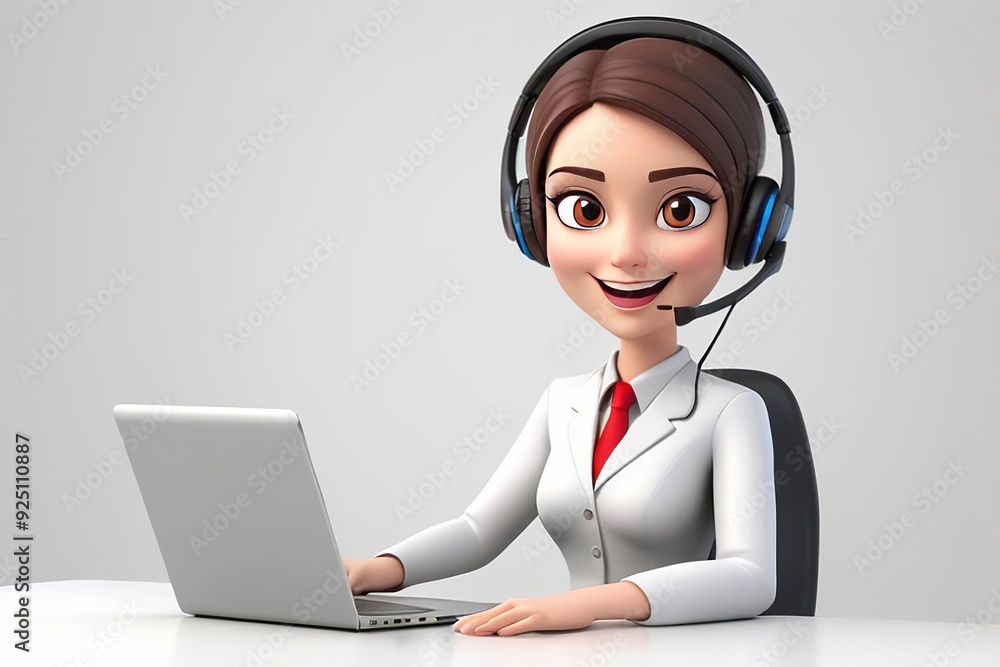 3D businesswoman cartoon character with a headset, offering customer support on white background. Made with generative AI technology 3D businesswoman cartoon character with a headset, offering customer support on white background. Made with generative AI technology