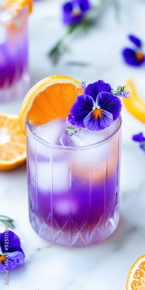 Refreshing Purple Cocktail with Orange Slice and Edible Flowers in Elegant Glass on Marble Surface Refreshing Purple Cocktail with Orange Slice and Edible Flowers in Elegant Glass on Marble Surface