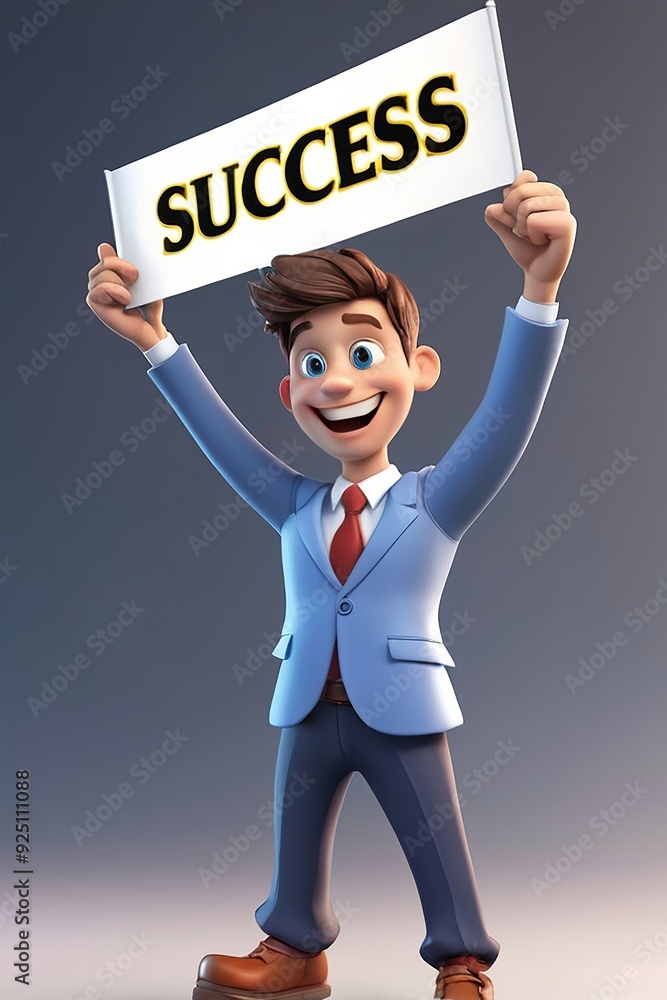 3D cartoon character holding a “Success” banner overhead. Made with generative AI technology 3D cartoon character holding a “Success” banner overhead. Made with generative AI technology